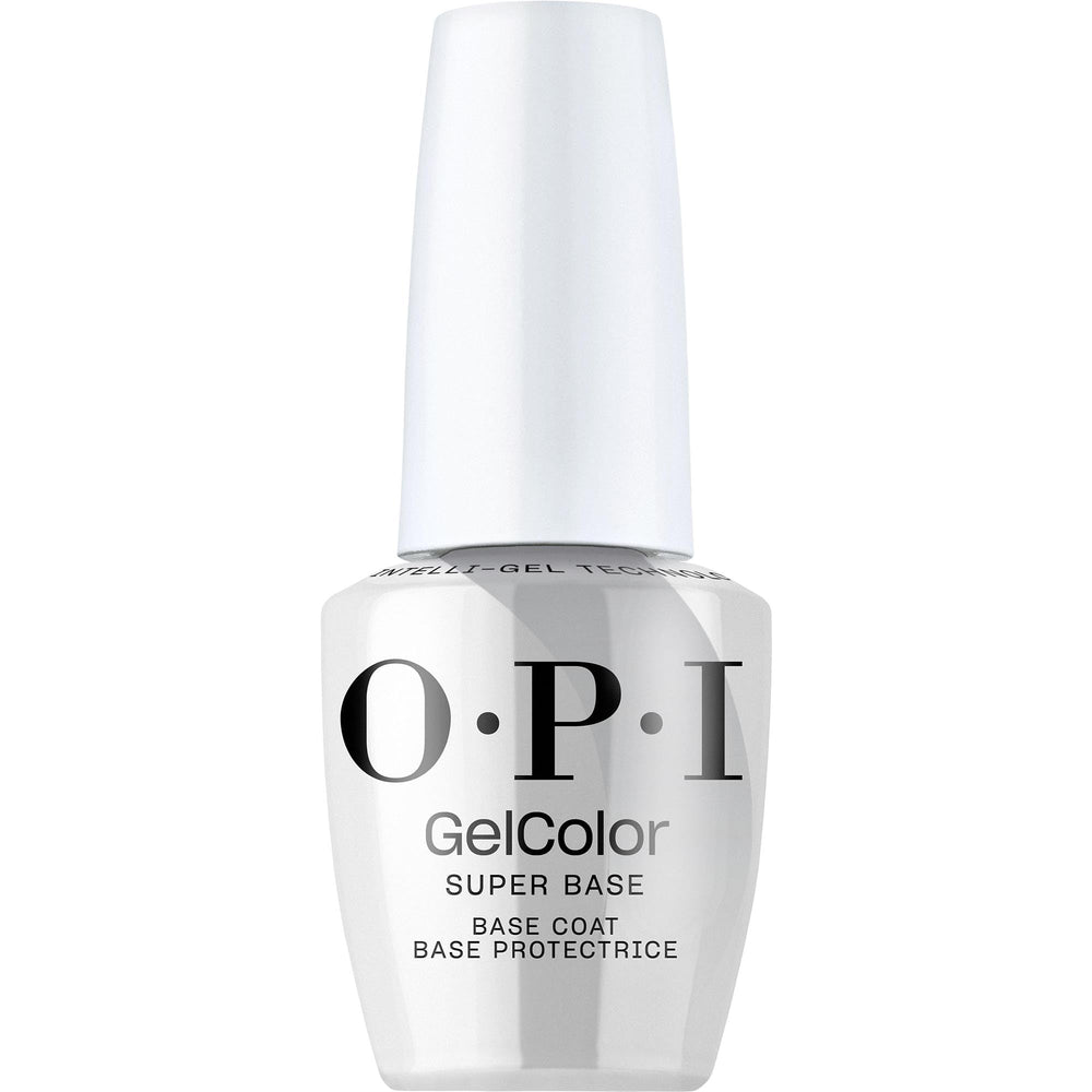 OPI GelColor Super Base Coat bottle demonstrating strong adhesion for gel nails.