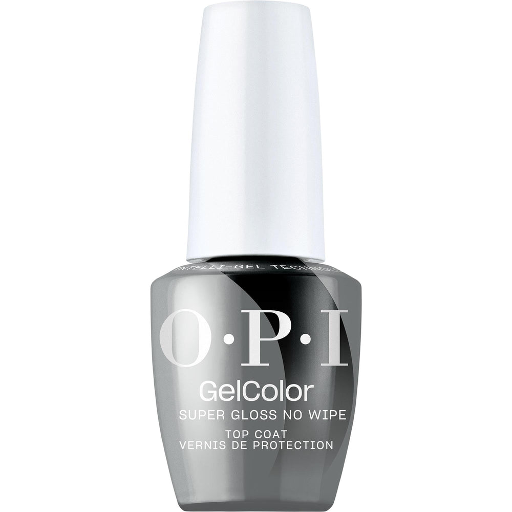 OPI GelColor Super Gloss No-Wipe Top Coat bottle showcases high shine and durable color protection