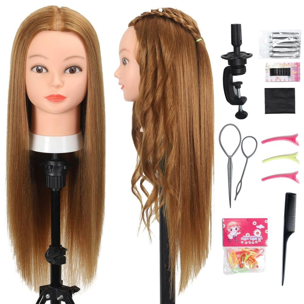 Opini mannequin head with 180-density straight hair for realistic practice sessions.