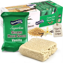 Oppenheimer USA Sugarless Halva Vanilla bar pack front showing a sugar-free snack option