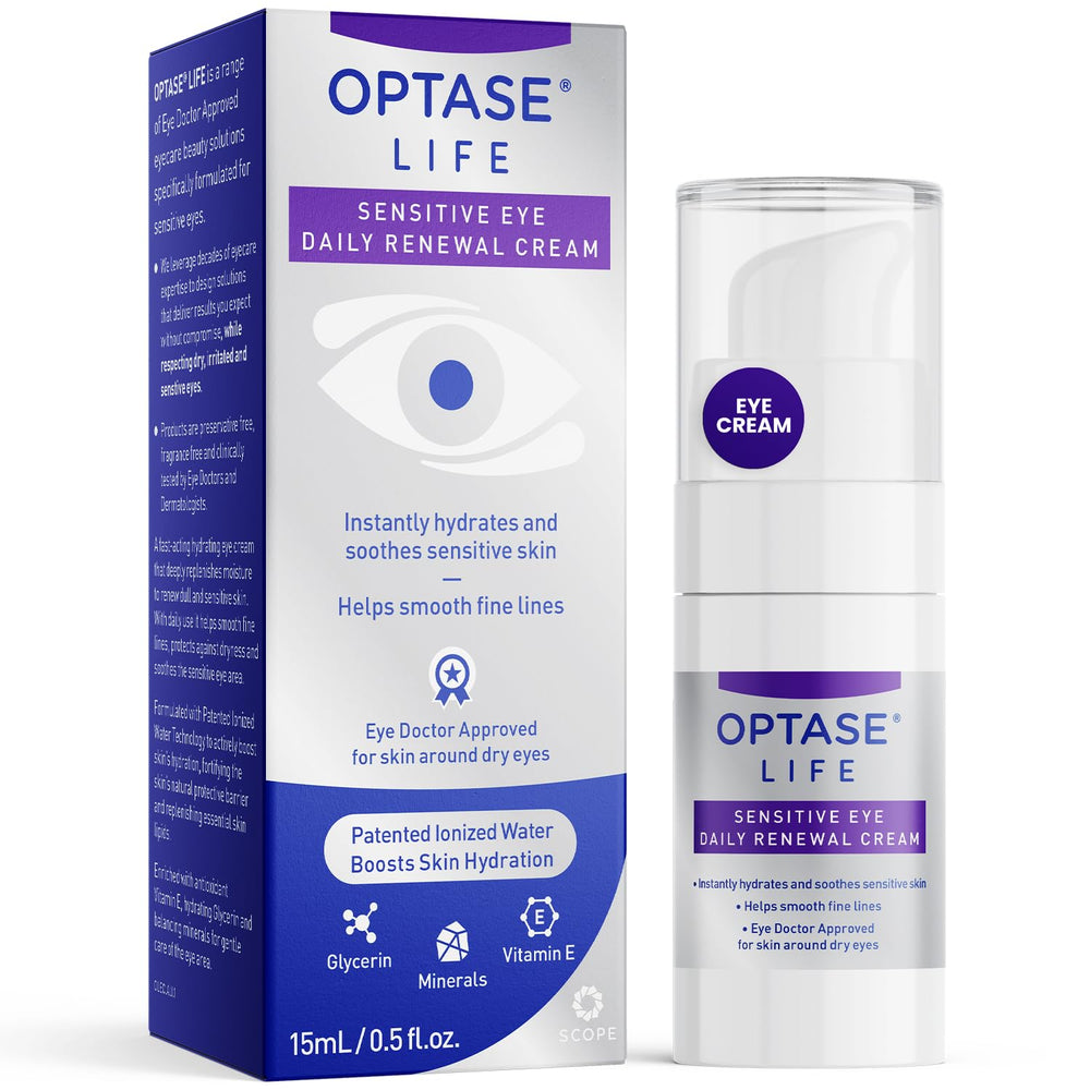 Optase LIFE packaging showing the daily renewal cream for convenient hydration around sensitive eye skin