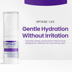 Optase LIFE Sensitive Eye cream tube close-up ready for morning or evening use