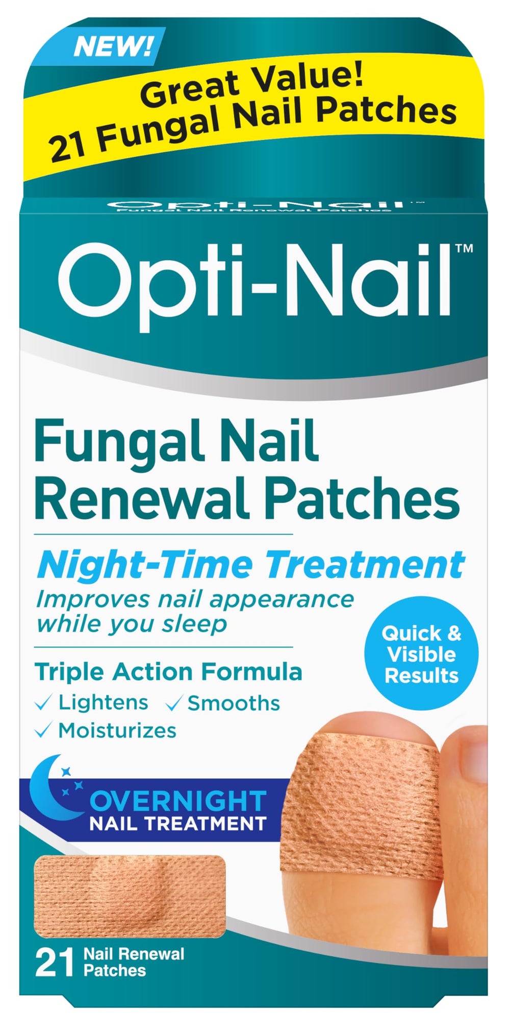 Opti-Nail fungal nail renewal patch pack ready for nightly use on a toenail.