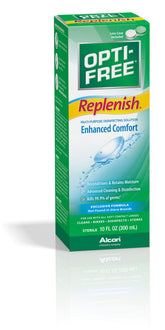 Opti-Free Replenish bottle pour demonstrates even distribution for all-day moisture.