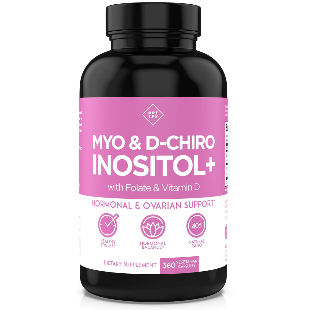 Optify Inositol supplement bottle emphasizing the 40:1 ratio for hormone balance.