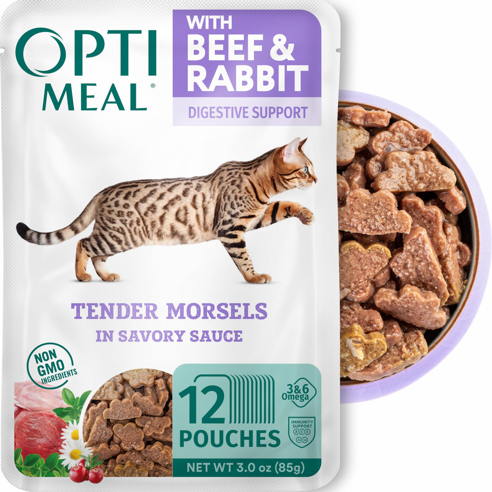 Optimeal Beef & Rabbit in Gravy pouch for indoor cats with protein-rich meal