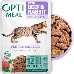 Optimeal Beef & Rabbit in Gravy pouch for indoor cats with protein-rich meal