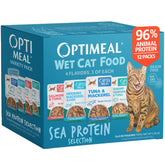 Optimeal sea protein selection packaging showing varied flavors for adult cats
