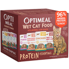Optimeal variety pack 3oz pouches showing savory flavors for balanced daily nutrition.