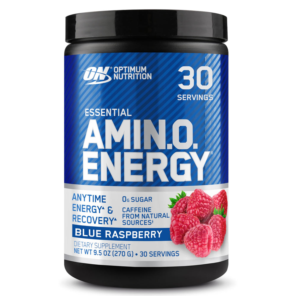 Optimum Nutrition Amino Energy blue raspberry tub showcases a refreshing energy boost for workouts.