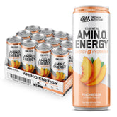 Optimum Nutrition Amin.O. Energy Peach Bellini can front view for refreshing energy and hydration.
