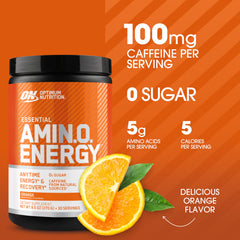Optimum Nutrition Amino Energy orange tub side view shows convenient on-the-go use