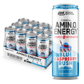 Optimum Nutrition Amino Energy Blue Raspberry bottle being poured for icy energy boost.