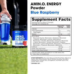 Optimum Nutrition Amino Energy blue raspberry jar shown with label for amino acid blend.
