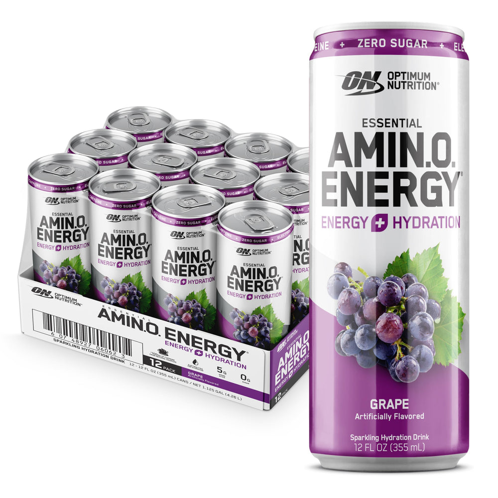 Optimum Nutrition Amino Energy grape 12oz can for a refreshing zero sugar energy boost.
