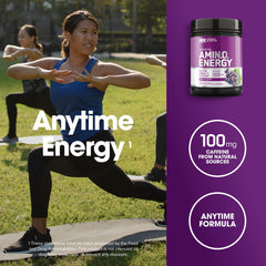 Optimum Nutrition Amino Energy label close-up highlighting caffeine content and ingredients.