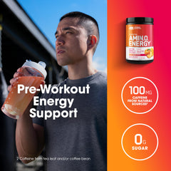 Powder being dispensed from Optimum Nutrition Amino Energy Peach Mango Tango container.