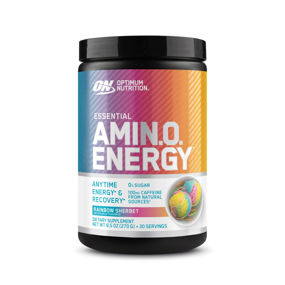 Optimum Nutrition Amino Energy Rainbow Sherbet bottle displaying flavor and energy blend.