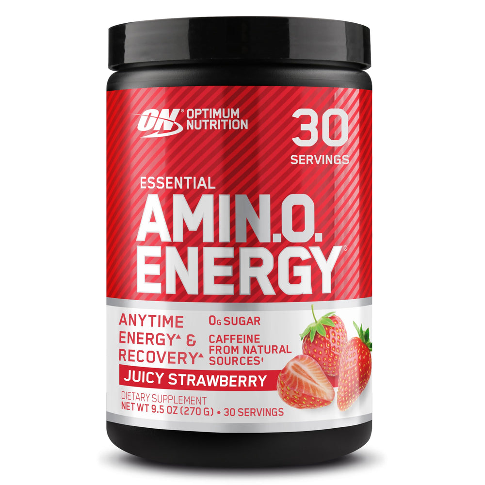 Optimum Nutrition Amino Energy strawberry tub shows packaging designed for pre-workout energy