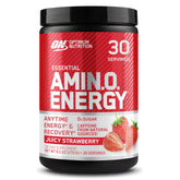 Optimum Nutrition Amino Energy strawberry tub shows packaging designed for pre-workout energy