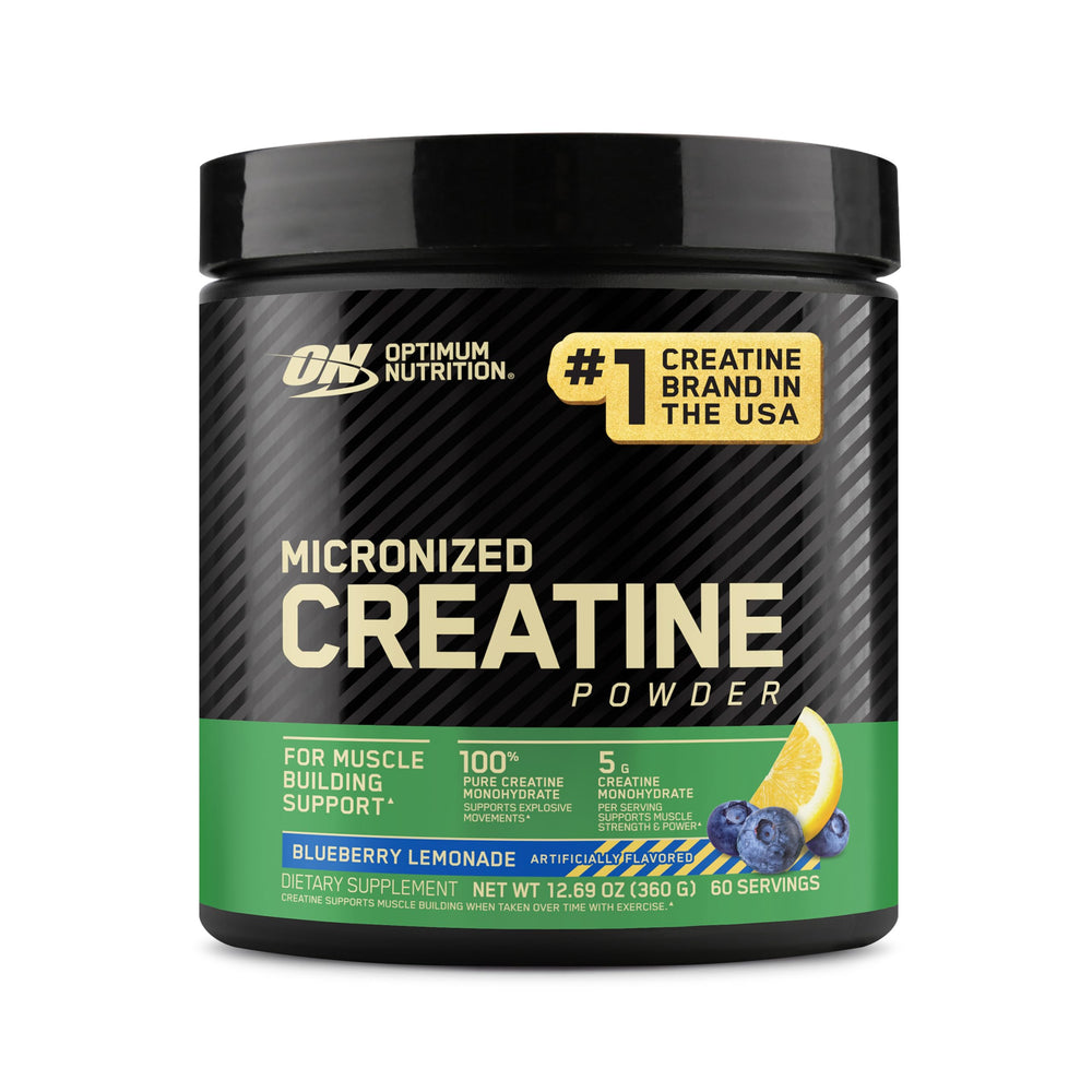Optimum Nutrition creatine micronized blueberry lemonade bottle ready for a quick pre-workout mix.
