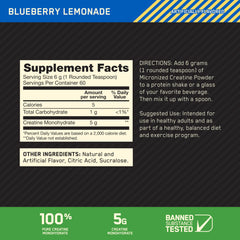Optimum Nutrition creatine micronized blueberry lemonade dissolves smoothly in water for a clean drink.