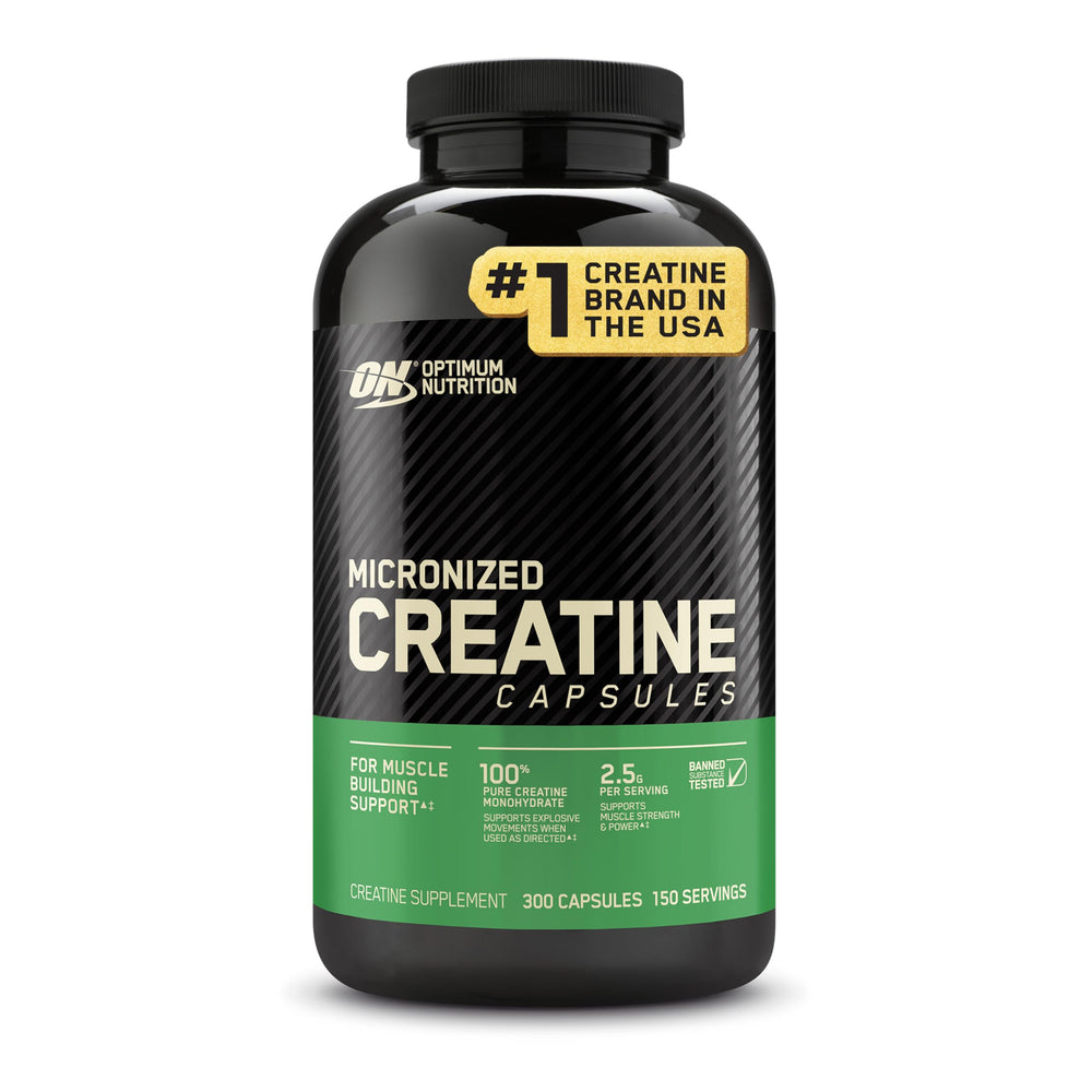 ON Optimum Nutrition creatine capsules bottle front offers convenient dosing for workouts.