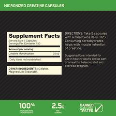 Optimum Nutrition creatine capsules two-caps serving highlights convenient dosage for high-intensity training.