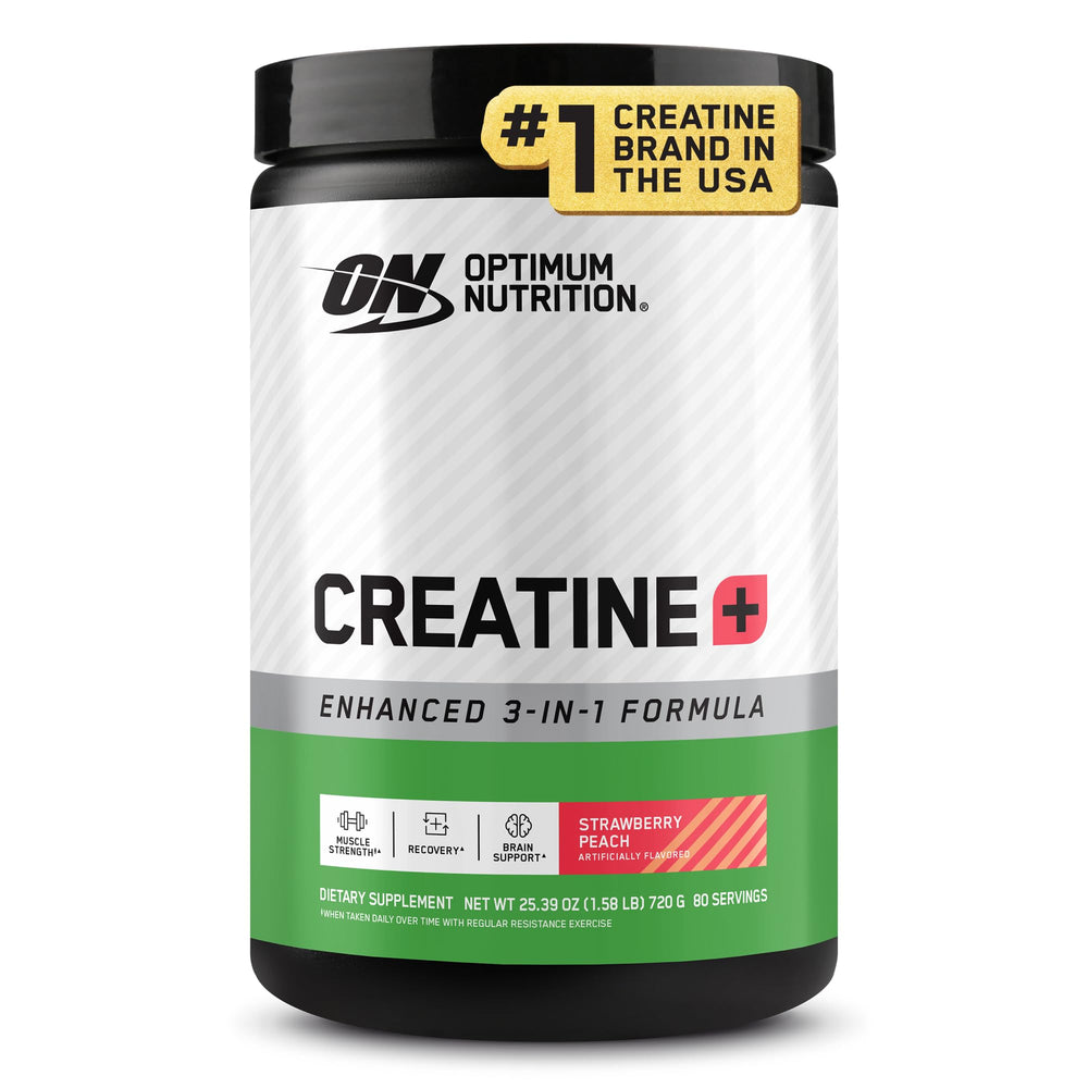 Optimum Nutrition Creatine Monohydrate Plus bottle in strawberry peach flavor ready for daily shake