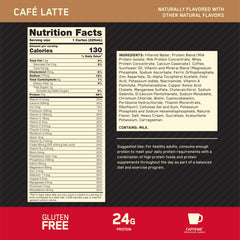 Gold Standard Cafe Latte label showing 24 g protein per bottle.