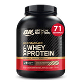 Optimum Nutrition Gold Standard whey bottle shows a high-protein formula for muscle support.
