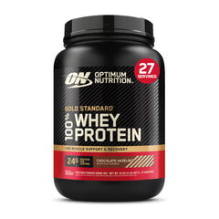 Optimum Nutrition Gold Standard Whey Chocolate Hazelnut tub with secure lid for reliable protein.