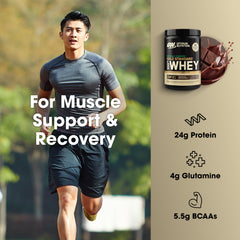 Optimum Nutrition Gold Standard whey chocolate packaging front displays high-protein formula