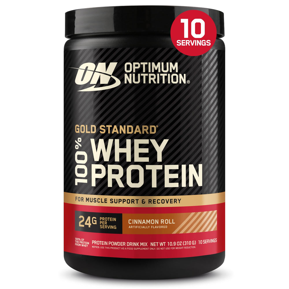 Optimum Nutrition Gold Standard Cinnamon Roll tub label highlighting protein benefits.