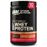 Optimum Nutrition Gold Standard Cinnamon Roll tub label highlighting protein benefits.