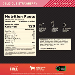 Optimum Nutrition Gold Standard Whey delicious strawberry powder for shakes.