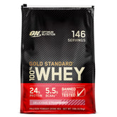 Optimum Nutrition Gold Standard Whey tub front for muscle support and convenience.