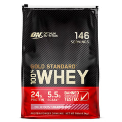 Optimum Nutrition Gold Standard Whey tub front for muscle support and convenience.