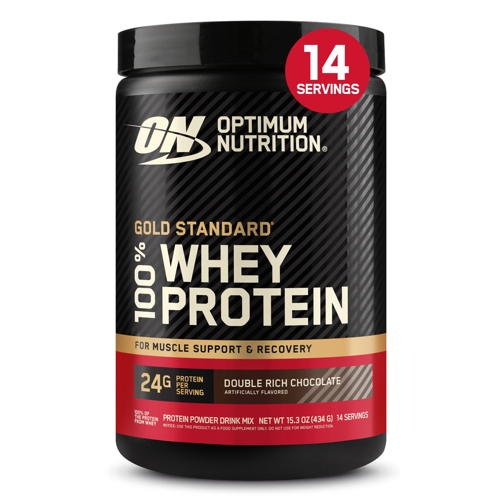 Optimum Nutrition Gold Standard Whey tub front view highlighting 24 g protein per scoop.
