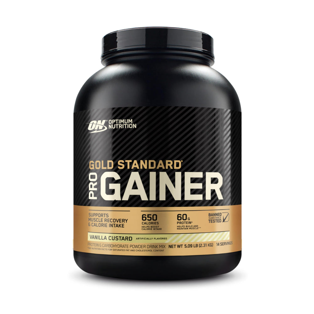 Optimum Nutrition Pro Gainer Vanilla Custard powder tub for high-calorie muscle support