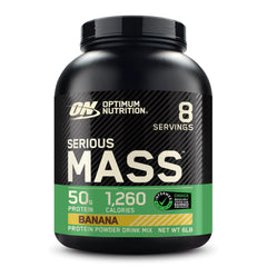 Optimum Nutrition Serious Mass banana tub showing a high-calorie formula for bulk days.