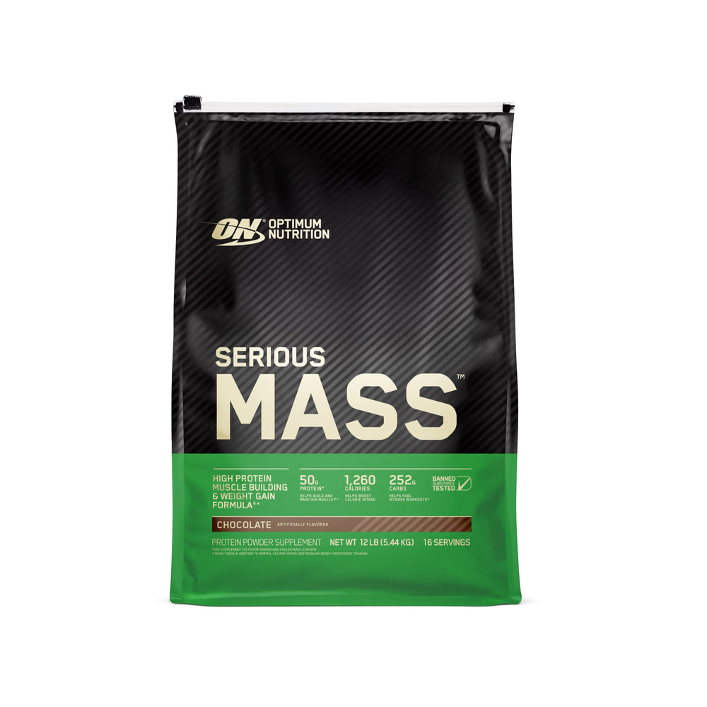 Optimum Nutrition Serious Mass bottle front shows the high calorie mass gainer for weight gain