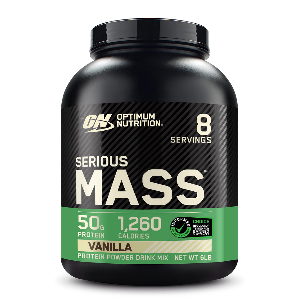 Optimum Nutrition Serious Mass vanilla canister shown for high calorie weight gain