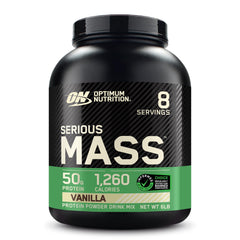 Optimum Nutrition Serious Mass vanilla canister shown for high calorie weight gain