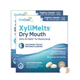 Oracoat XyliMelts disc on teeth delivering long lasting moisture and soothing relief.