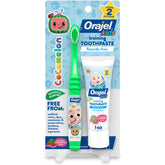 Orajel Kids CoComelon toothpaste tube highlighting fluoride-free formula safe to swallow when used as directed.