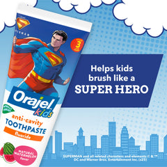 Orajel Kids Superman four-pack display highlights value and pediatrician-recommended oral care.