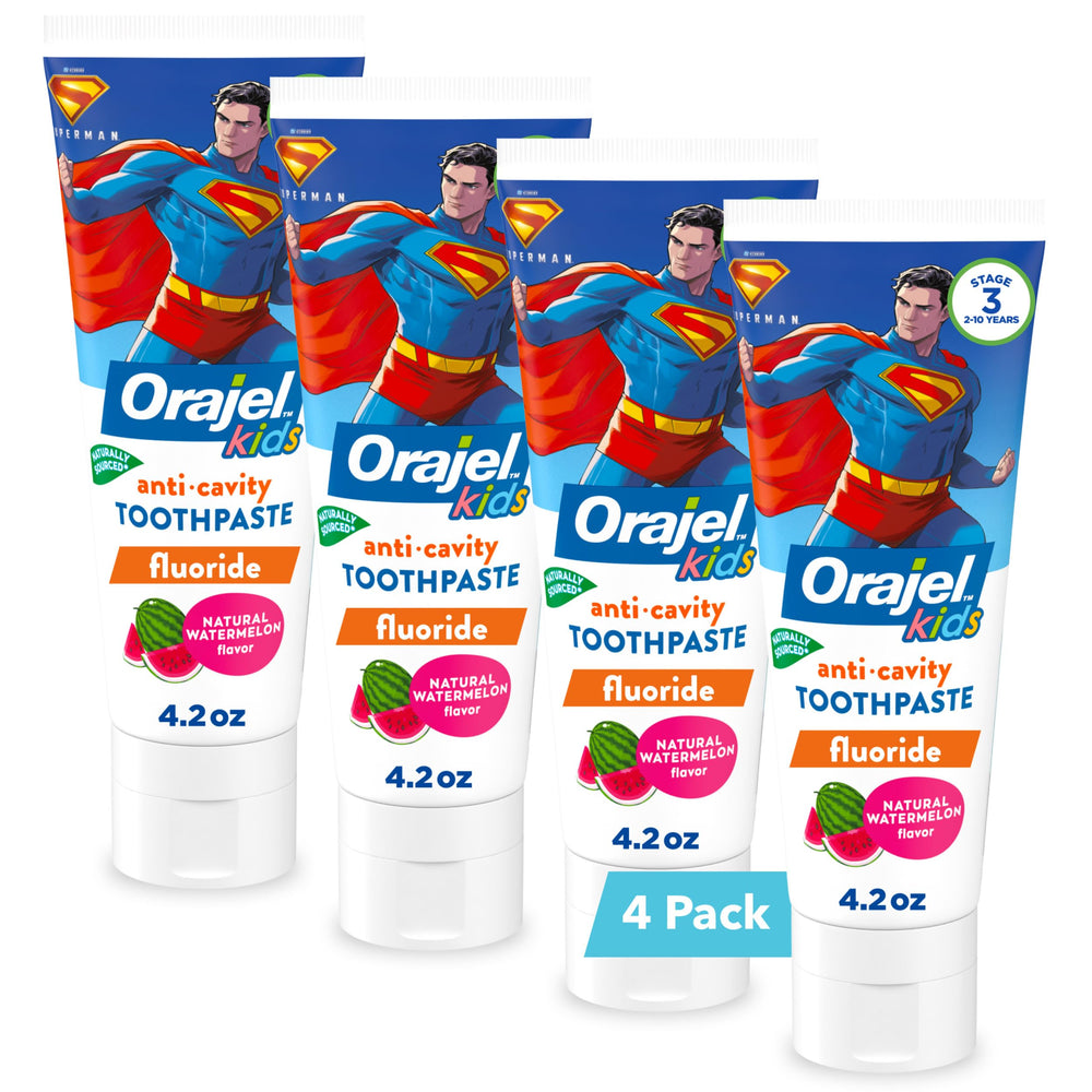Orajel Kids Superman toothpaste tube close-up showing fluoride protection against cavities.