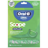 Oral-B Glide Floss Picks Scope Outlast packaging in mint flavor; six-pack for easy restocking.