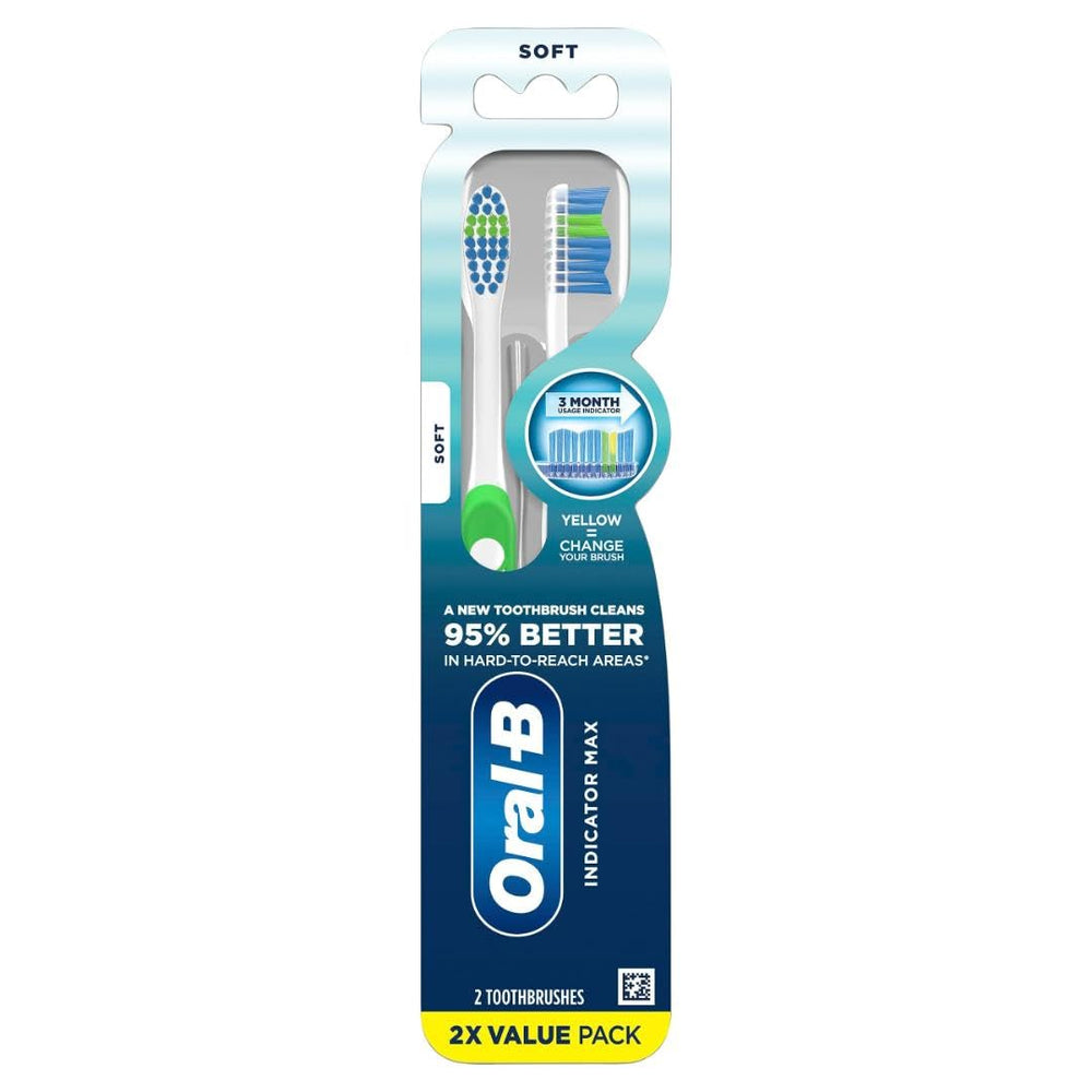 Oral-B Pro Health Soft Brush 2-Pack with indicator bristles for replacement reminders.